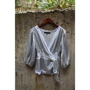 Blu Dahlia Polka Dot Wrap Top with Lace Trim – Size L